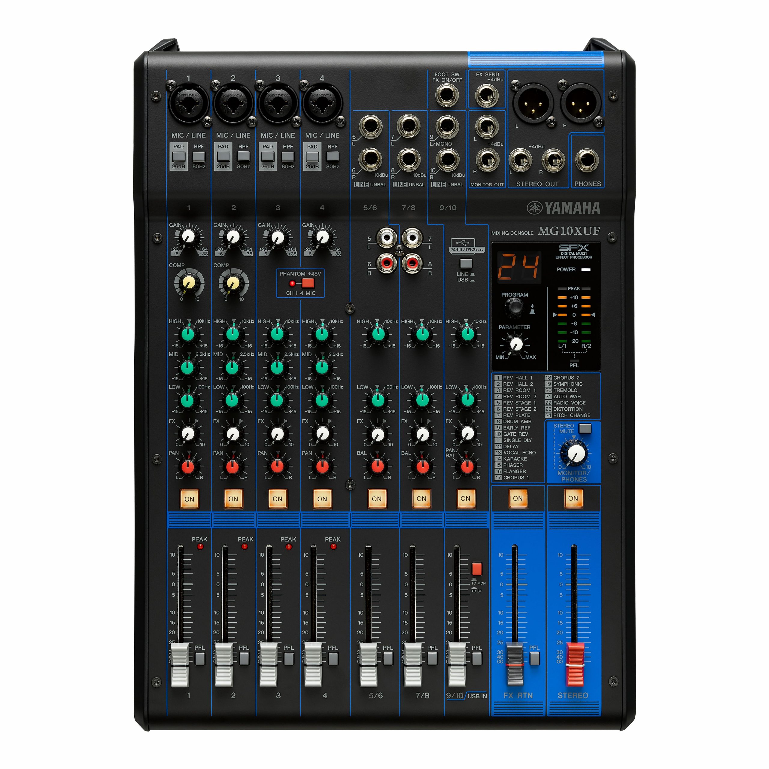 Yamaha MG10XUF channel mixer, ideal for professional audio mixing in studios or live performances.
